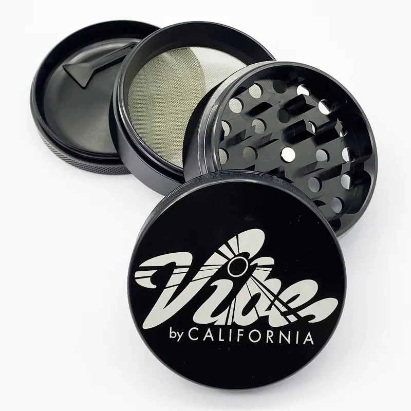 Custom logo metal stainless steel 4 piece layers 75mm 63mm black tobacco herb grinder crusher smoking herbal