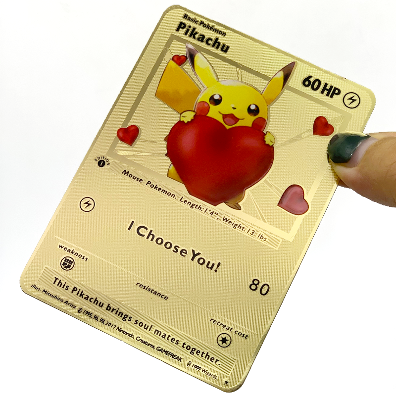 In Stock Support Custom High Quality Stainless Steel Metal Gold Game Cards Pikachu I Choose You Cards Metal Gold Pokemon Cards