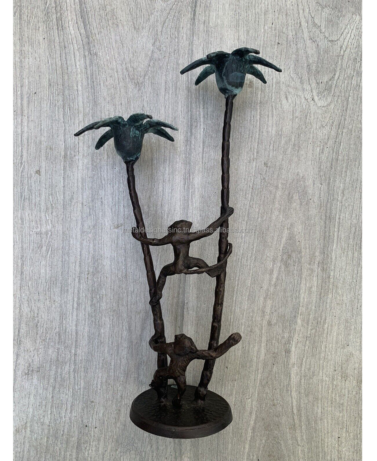 Vintage Brass or Bronze Monkey Hanging on Palm Tree Taper Candlestick Holder