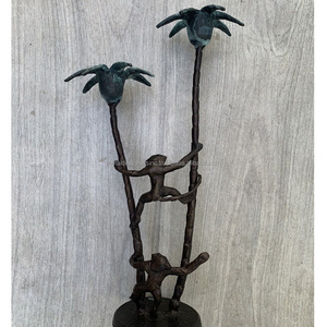 Vintage Brass or Bronze Monkey Hanging on Palm Tree Taper Candlestick Holder