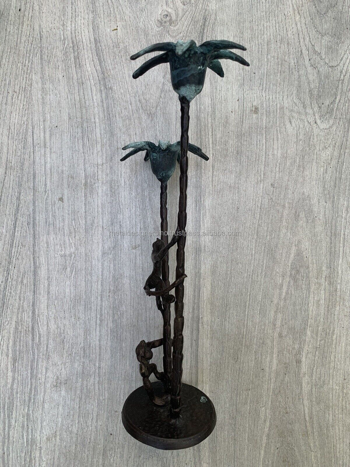 Vintage Brass or Bronze Monkey Hanging on Palm Tree Taper Candlestick Holder