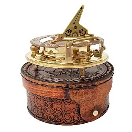 Antique Vintage Brass and copper Maritime Marine  Sundial Compass with Premium Lather Case and shine