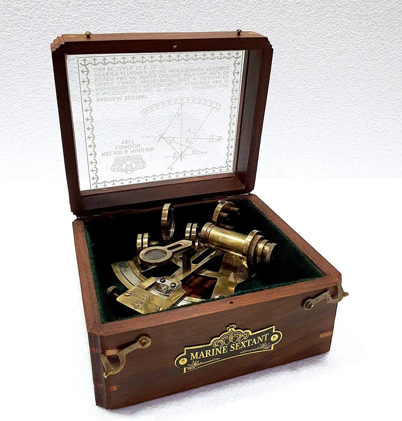 Nautical Brass Antique Maritime Nautical Sextant Telescope Vintage Marine Astrolabe Ship's Instruments with Wooden Box