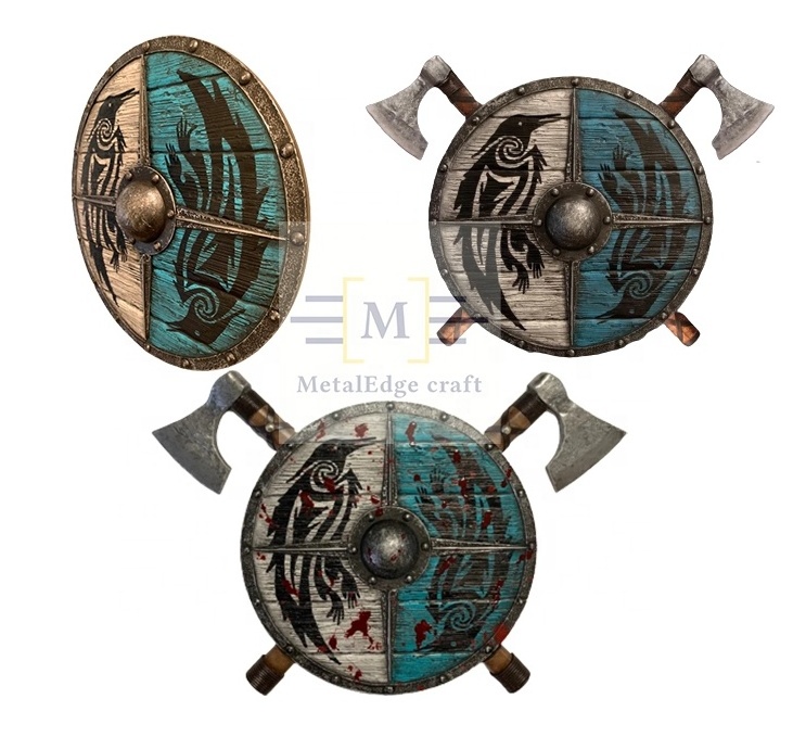 New Unique blue bird Design Heavy Wooden Shield Medieval Round Viking Shield Professional Custom Made with wooden axes