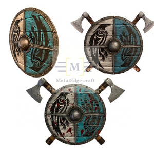 New Unique blue bird Design Heavy Wooden Shield Medieval Round Viking Shield Professional Custom Made with wooden axes