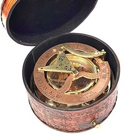 Antique Vintage Brass and copper Maritime Marine  Sundial Compass with Premium Lather Case and shine