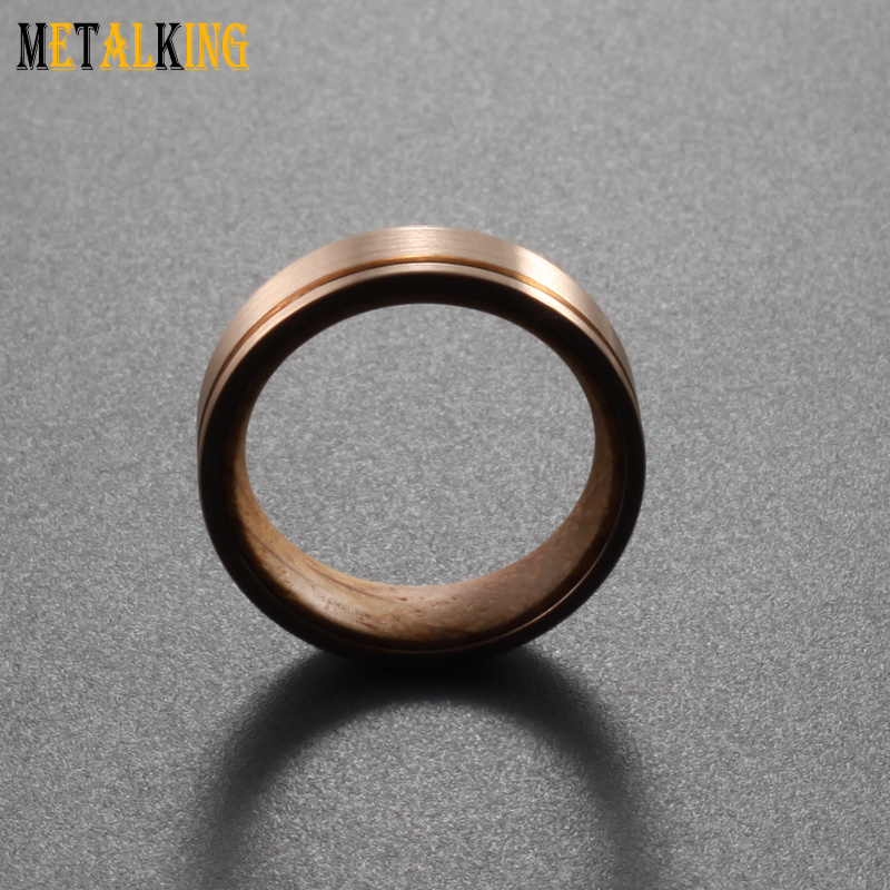 6mm Rose Gold Tungsten Carbide Ring Brushed Thin Grooved Whiskey Barrel Wood Inlay Wedding Band for Men Women Comfort Fit