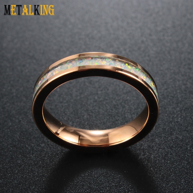 4mm Rose Gold Tungsten Ring with Opal Inlay Thin Women's Wedding Band