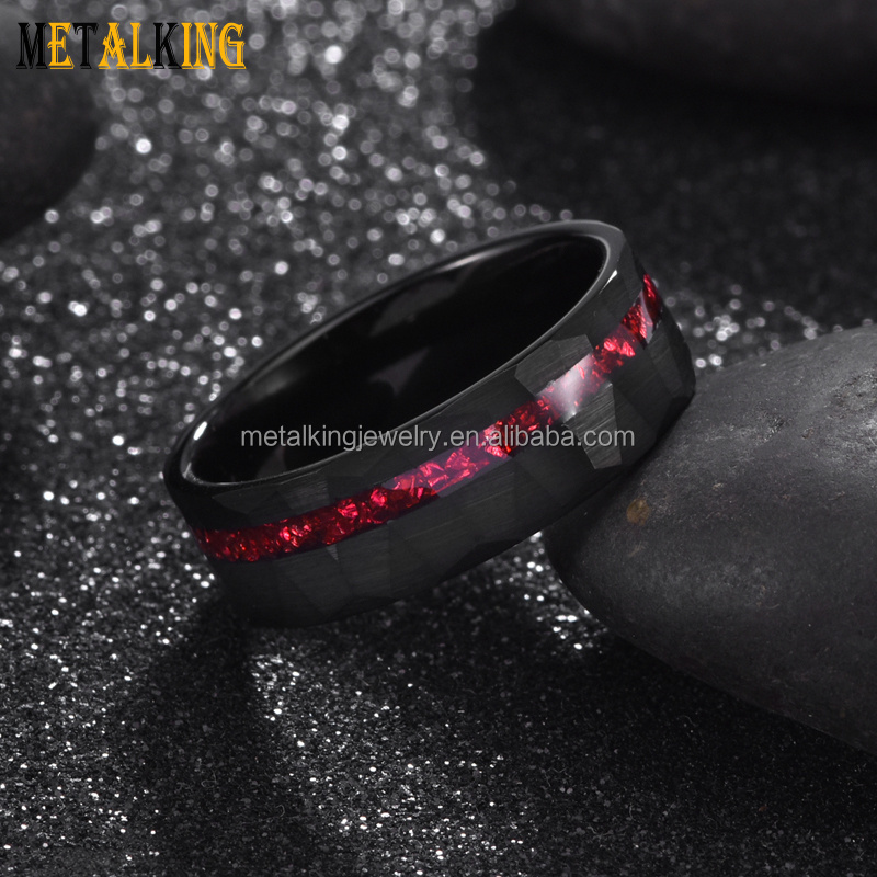 8mm Black Hammered Tungsten Rings Genuine Red Glass Stone Inlay Mens Wedding Bands