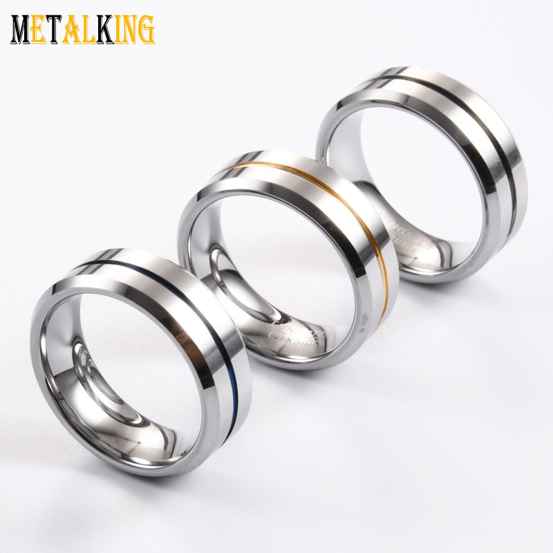 8mm Tungsten Ring High Polished Wedding Band Beveled Edge Thin Line Center Three Colors For Choosing.