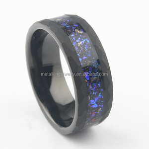 Blue Purple Sandstone and Meteorite Ring, Black Sandblasted Hammered Tungsten Ring, Wedding Band for Men