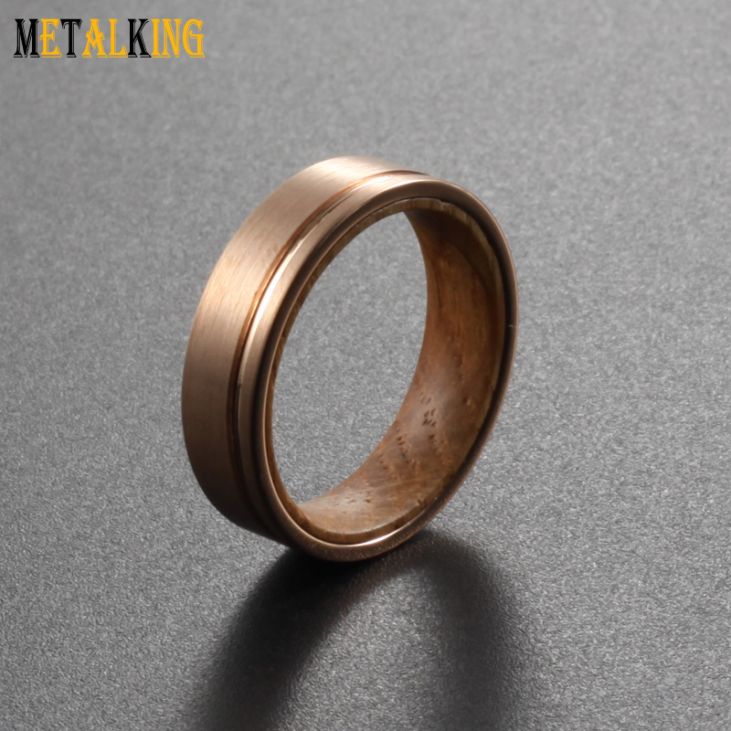 6mm Rose Gold Tungsten Carbide Ring Brushed Thin Grooved Whiskey Barrel Wood Inlay Wedding Band for Men Women Comfort Fit