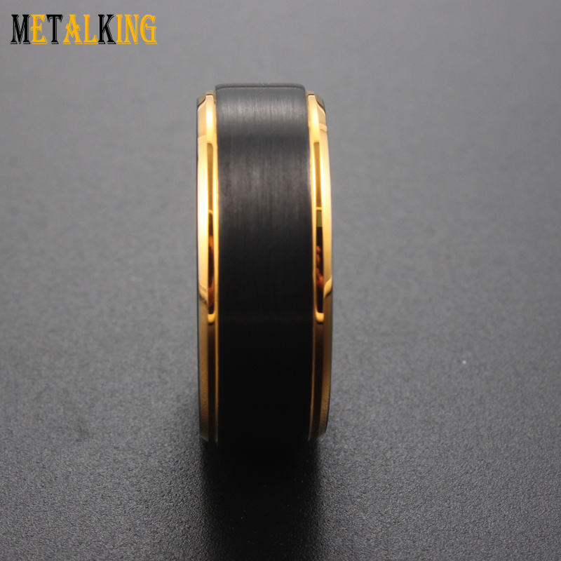 8mm Black Gold Tungsten Ring Wedding Bands for Men and Women Brushed and Step Beveled Edge