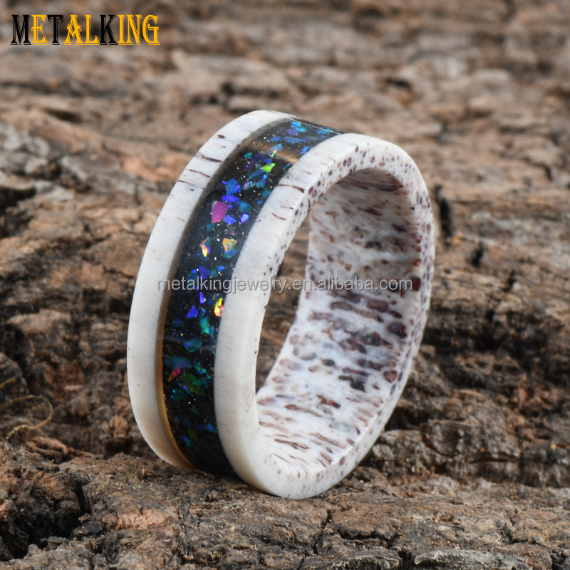 8mm Real Deer Antler Ring with Galaxy Opal Inlay Wedding Band for Men