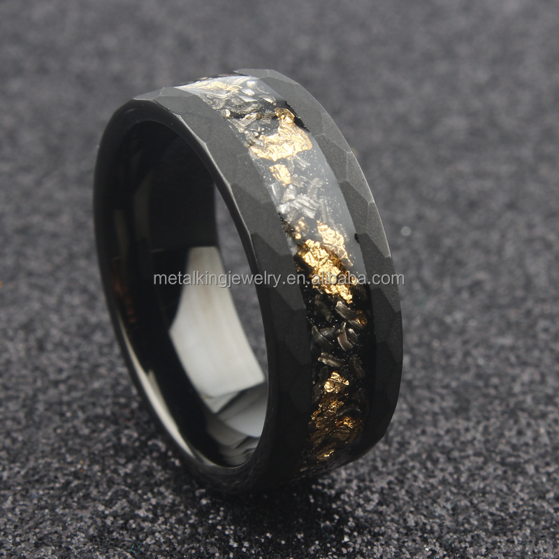 Meteorite and Gold Leaf  Ring, Black Sandblasted Hammered Tungsten Ring, Wedding Band for Men