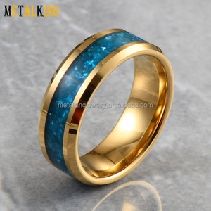 8mm Gold Tungsten Carbide Ring Blue Stone Inlay Beveled Edges Wedding Band for Men