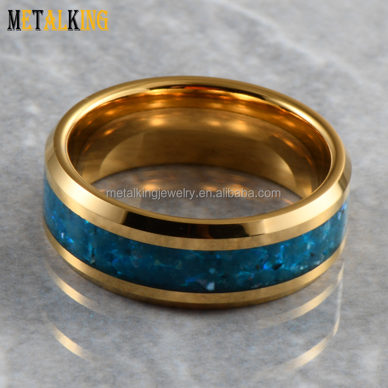 8mm Gold Tungsten Carbide Ring Blue Stone Inlay Beveled Edges Wedding Band for Men