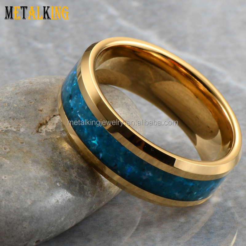 8mm Gold Tungsten Carbide Ring Blue Stone Inlay Beveled Edges Wedding Band for Men