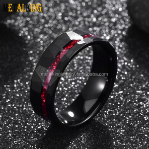 8mm Black Hammered Tungsten Rings Genuine Red Glass Stone Inlay Mens Wedding Bands