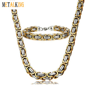 Stainless Steel Byzantine Chain Necklace and Bracelet for Men Gold & Steel Two Tone