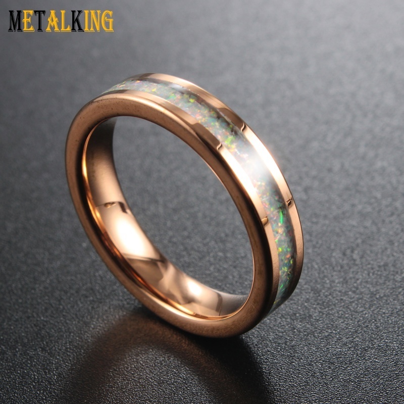 4mm Rose Gold Tungsten Ring with Opal Inlay Thin Women's Wedding Band