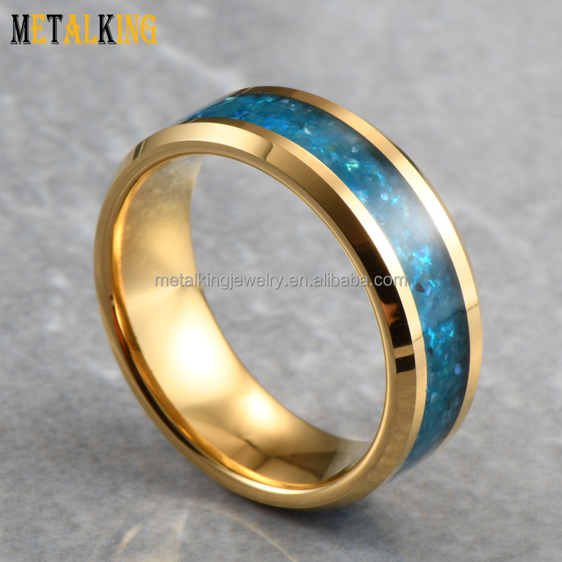 8mm Gold Tungsten Carbide Ring Blue Stone Inlay Beveled Edges Wedding Band for Men