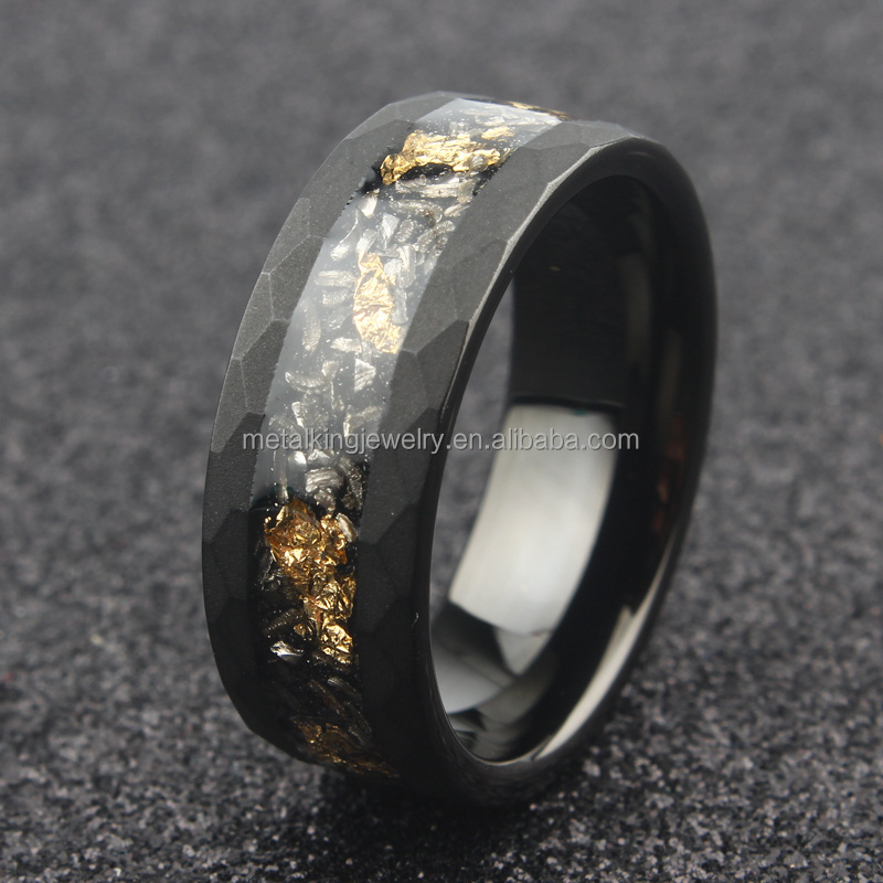 Meteorite and Gold Leaf  Ring, Black Sandblasted Hammered Tungsten Ring, Wedding Band for Men