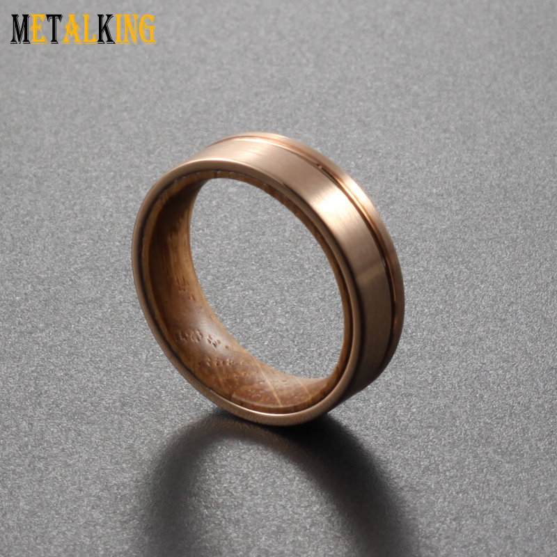 6mm Rose Gold Tungsten Carbide Ring Brushed Thin Grooved Whiskey Barrel Wood Inlay Wedding Band for Men Women Comfort Fit