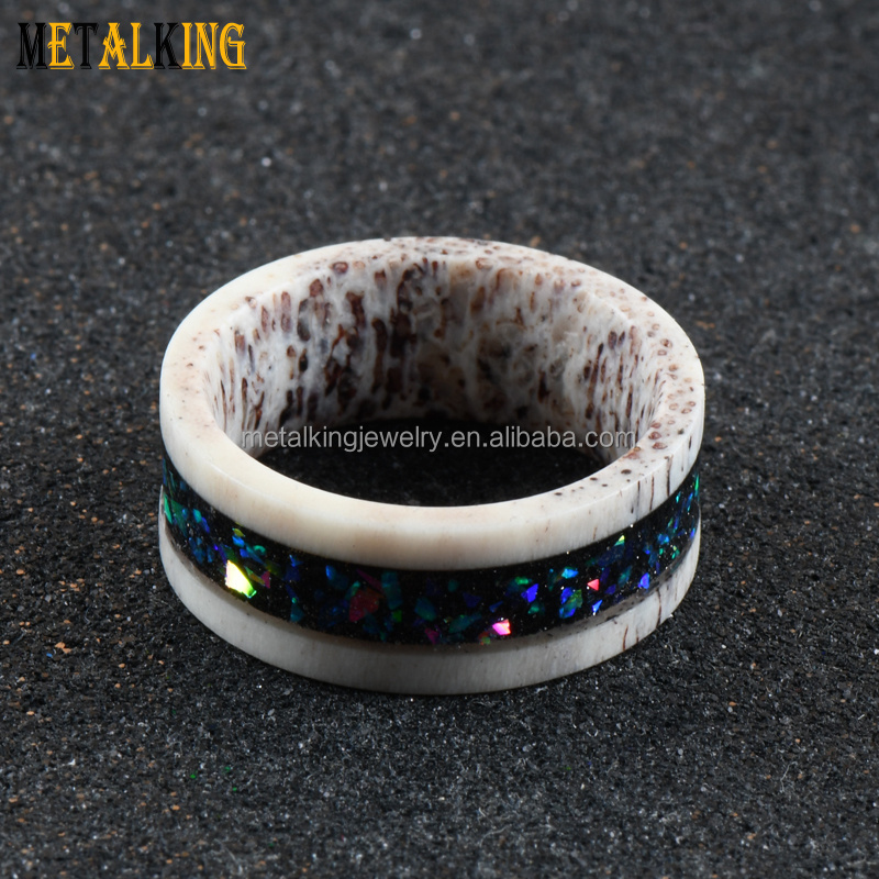 8mm Real Deer Antler Ring with Galaxy Opal Inlay Wedding Band for Men