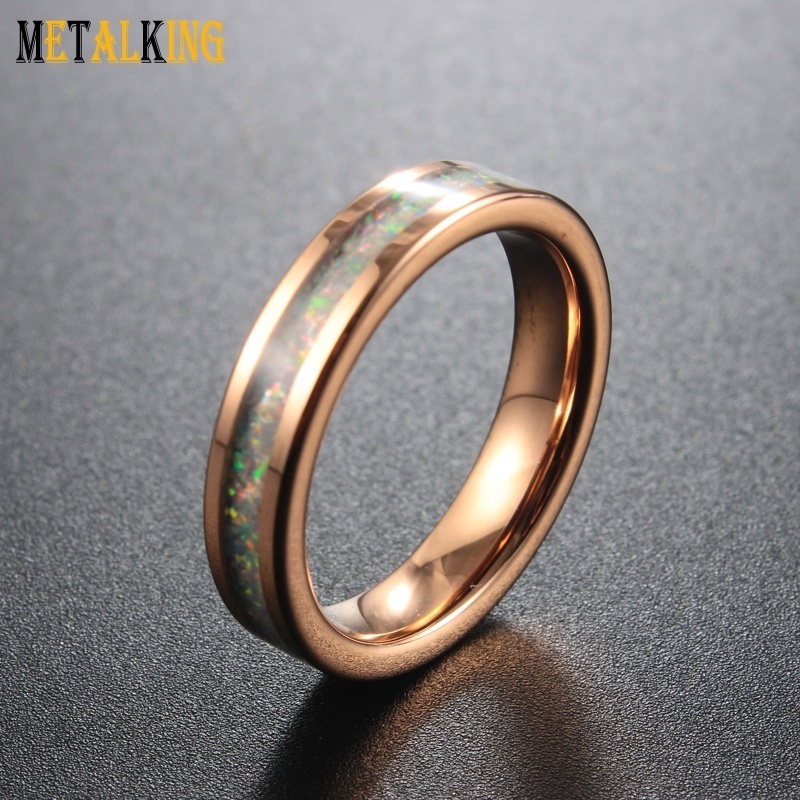 4mm Rose Gold Tungsten Ring with Opal Inlay Thin Women's Wedding Band