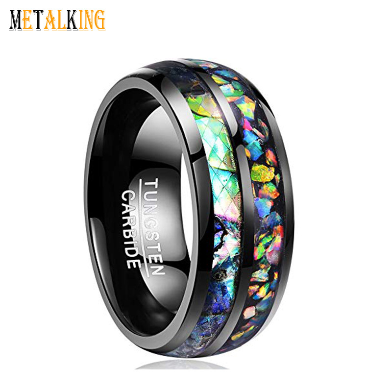 8mm Black Tungsten Carbide Ring Mens Womens Wedding Band with Abalone Shell and Real Fire Opal Inlay Comfort Fit