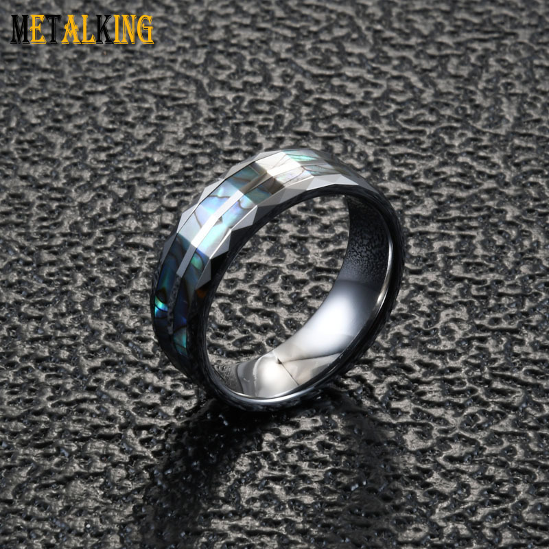 Fashion 8mm Tungsten Abalone Shell Wedding Band Ring ,Diamond Faceted Edge ,Square Inlay Surface