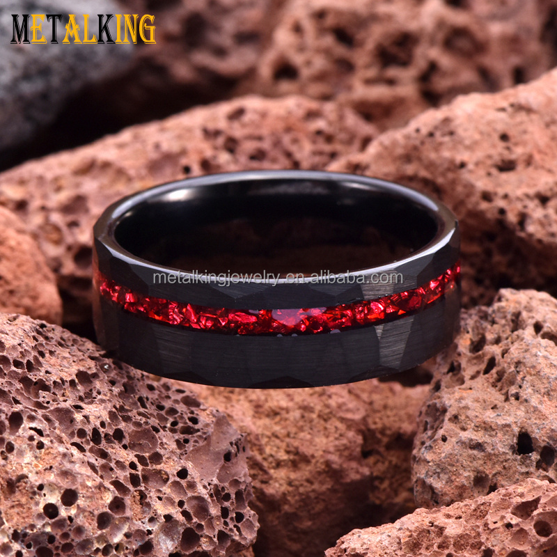 8mm Black Hammered Tungsten Rings Genuine Red Glass Stone Inlay Mens Wedding Bands