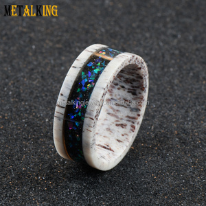 8mm Real Deer Antler Ring with Galaxy Opal Inlay Wedding Band for Men