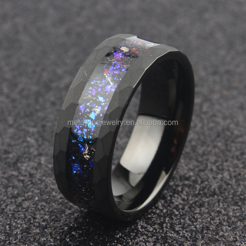 Blue Purple Sandstone and Meteorite Ring, Black Sandblasted Hammered Tungsten Ring, Wedding Band for Men