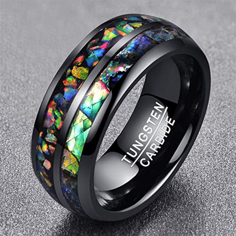 8mm Black Tungsten Carbide Ring Mens Womens Wedding Band with Abalone Shell and Real Fire Opal Inlay Comfort Fit