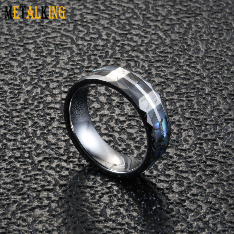 Fashion 8mm Tungsten Abalone Shell Wedding Band Ring ,Diamond Faceted Edge ,Square Inlay Surface