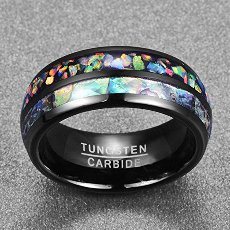 8mm Black Tungsten Carbide Ring Mens Womens Wedding Band with Abalone Shell and Real Fire Opal Inlay Comfort Fit