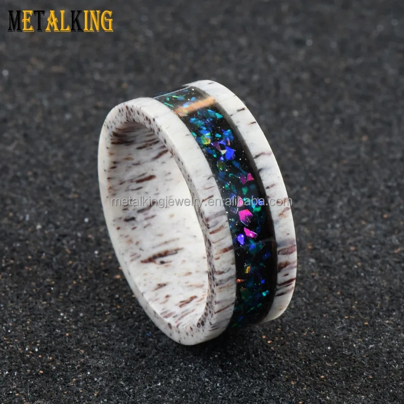 8mm Real Deer Antler Ring with Galaxy Opal Inlay Wedding Band for Men