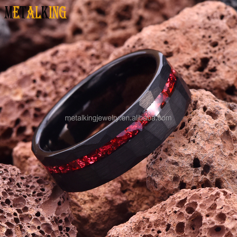 8mm Black Hammered Tungsten Rings Genuine Red Glass Stone Inlay Mens Wedding Bands