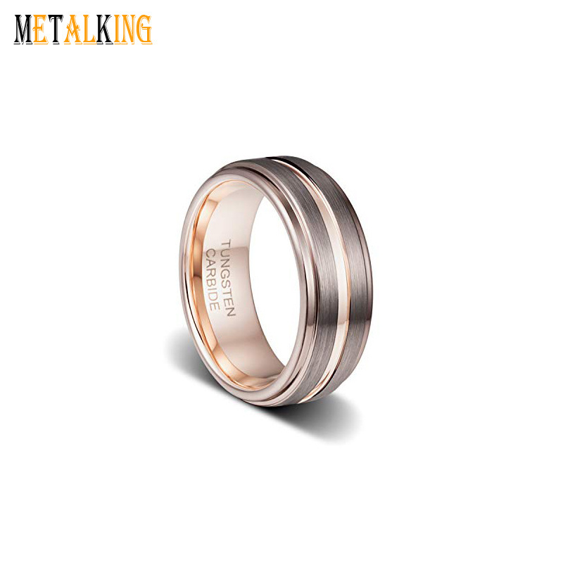 Mens Wedding Band 8mm  Brown Brushed Thin Rose Gold Groove Step Edge Tungsten Ring