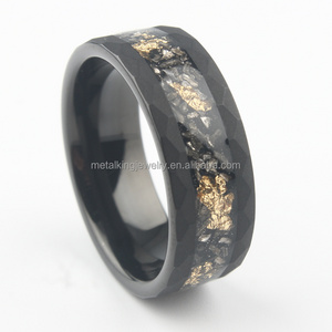 Meteorite and Gold Leaf  Ring, Black Sandblasted Hammered Tungsten Ring, Wedding Band for Men