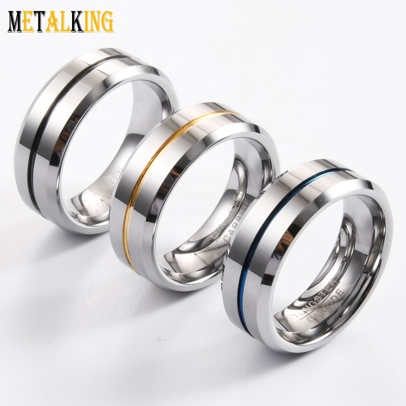 8mm Tungsten Ring High Polished Wedding Band Beveled Edge Thin Line Center Three Colors For Choosing.