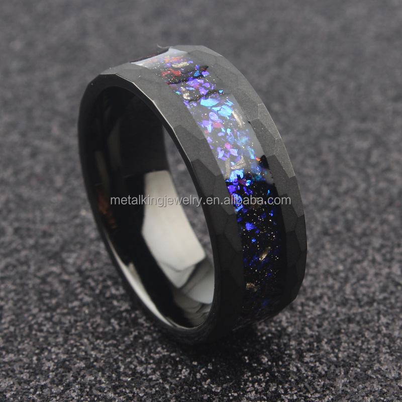 Blue Purple Sandstone and Meteorite Ring, Black Sandblasted Hammered Tungsten Ring, Wedding Band for Men