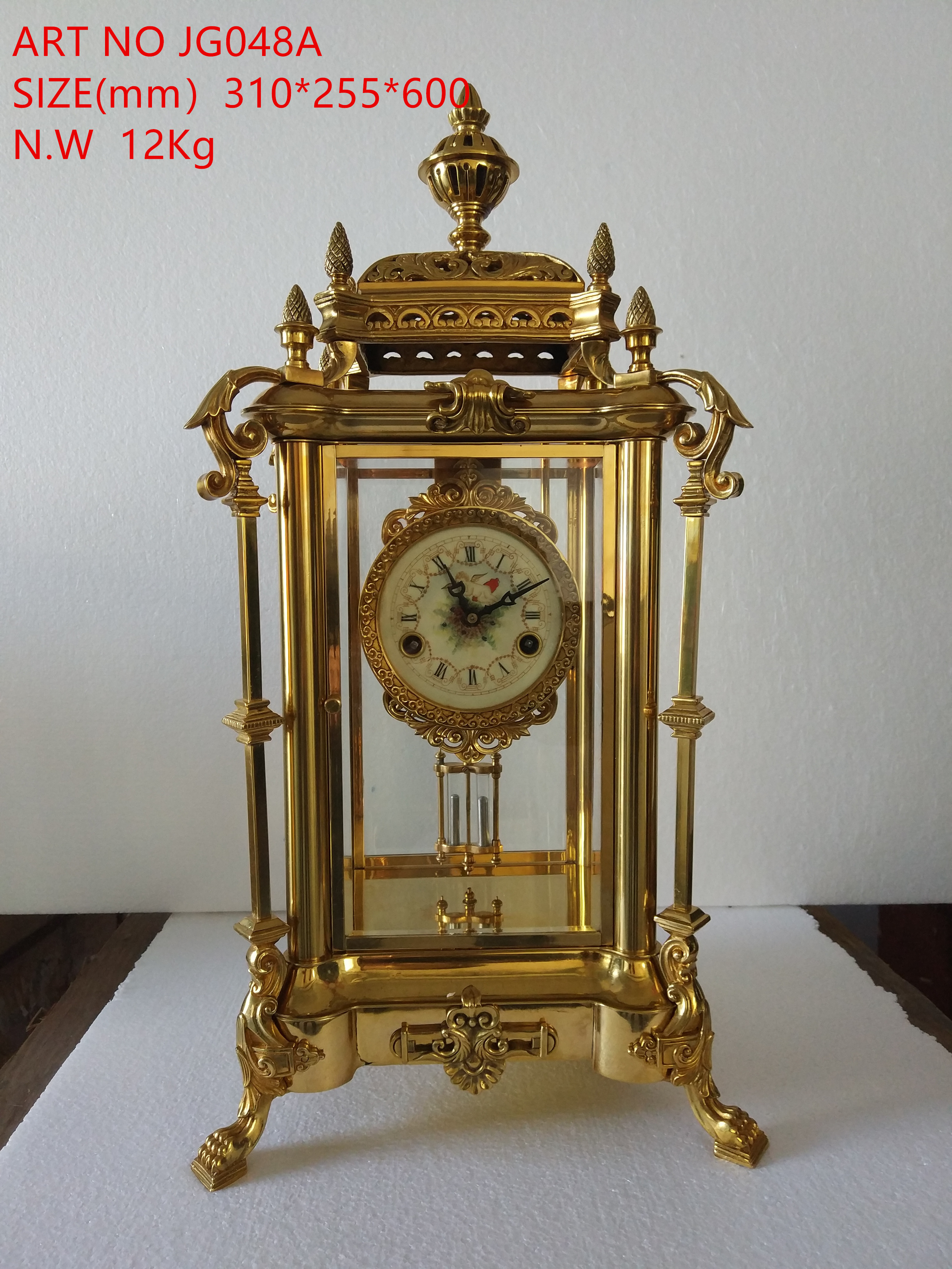 Antique  Solid Pillar Portico  Mantel Gilt Polished Brass Mechanical Column Desk Clock Open Escapement 4 Beveled Glass Panels