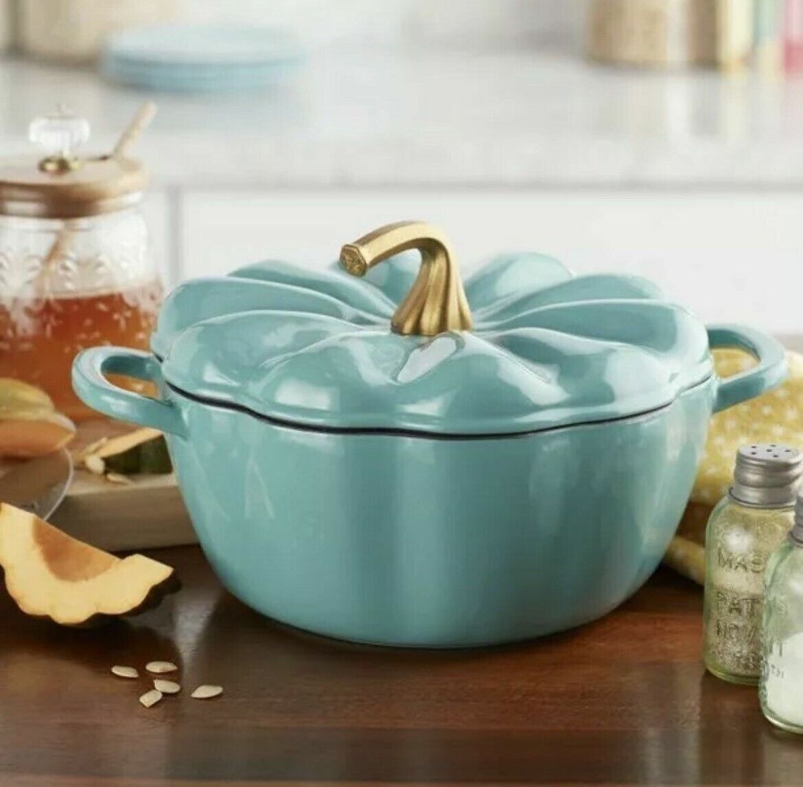 Creative Pumpkin Shaped Enameled Cast Iron Stew Pot 24 cm 3.5 QUART Orange White Teal Dutch Oven  Cookware Soup Pot