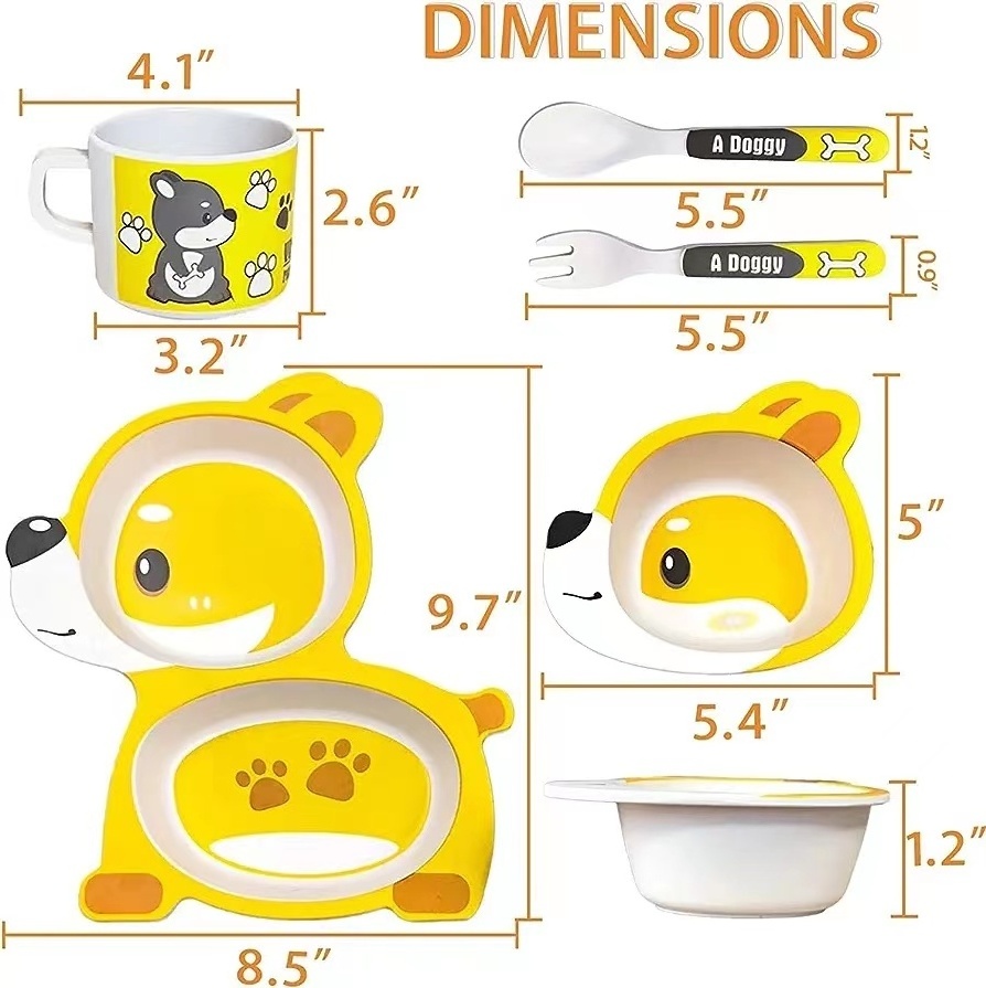 Firewood Dog Bamboo Fiber Divided baby Feeding Dinner Set for Kids Plate Bowl Spoon Breakfast Lunch kindergarten Tableware