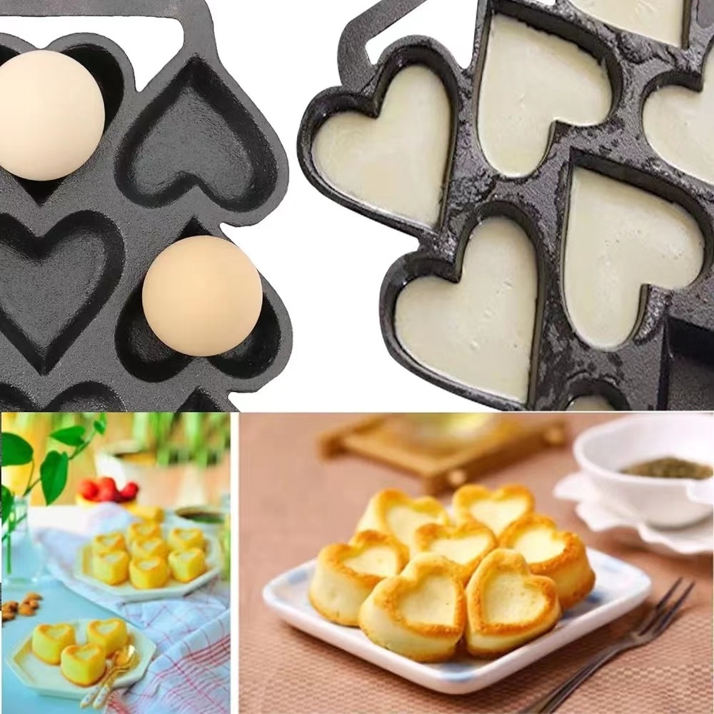 Cast Iron Heart Shaped Cake Cookie Candy Mold Corn Muffin Baking Pan cookware bakeware 9 moulds pot Danish Stuffed Pancake