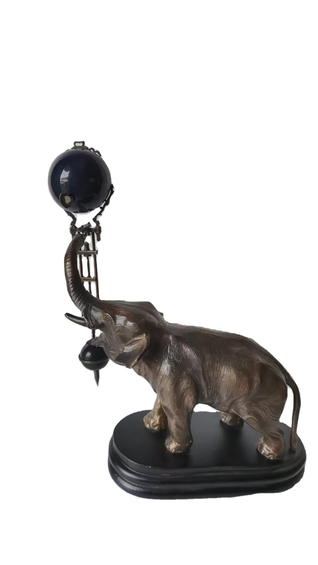 Mystery Antique Elephant Figure Brass Pendulum Swinging Swinger Cobalt Blue Ball Mechanical Table Clock for Collection, decorate