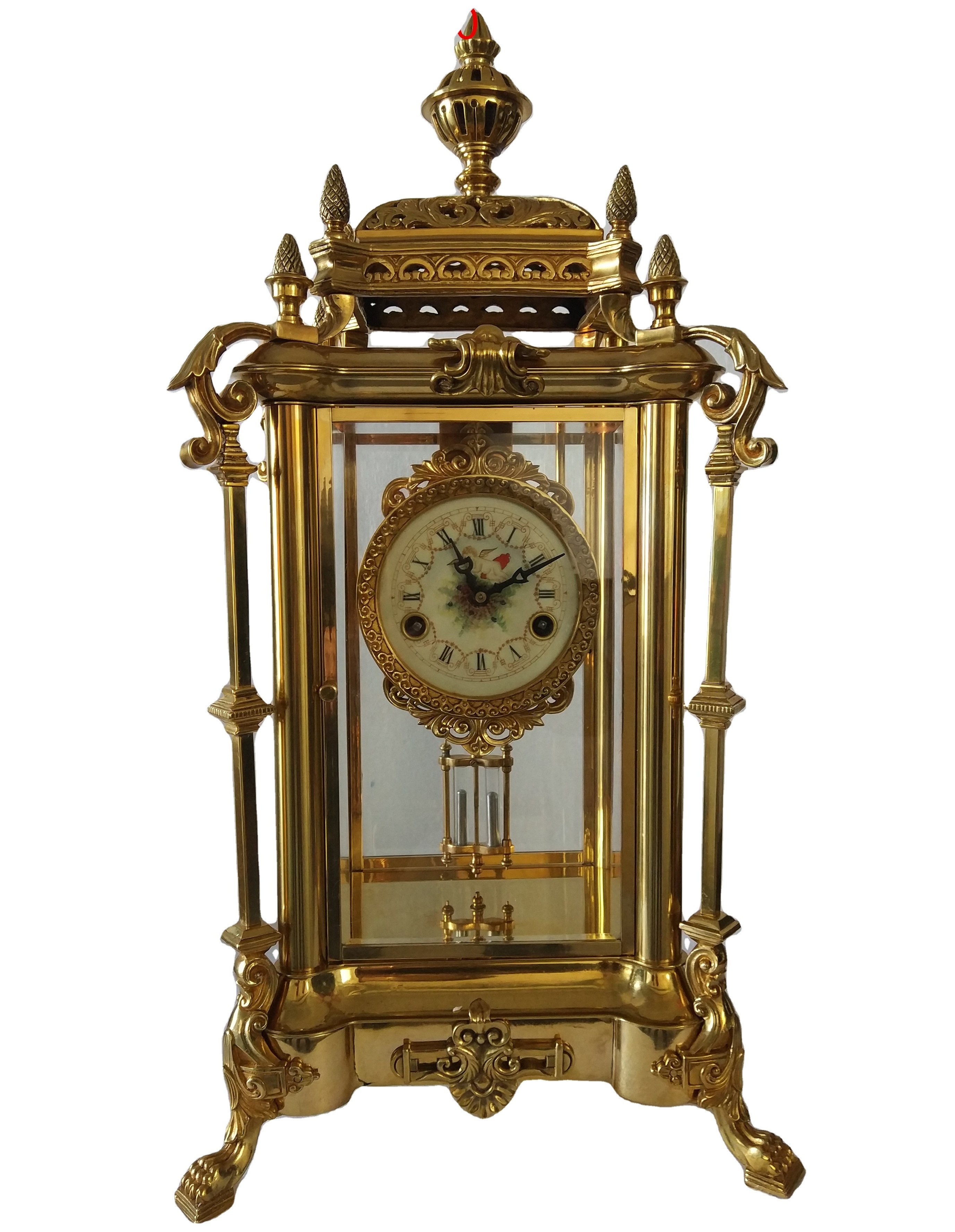 Antique  Solid Pillar Portico  Mantel Gilt Polished Brass Mechanical Column Desk Clock Open Escapement 4 Beveled Glass Panels